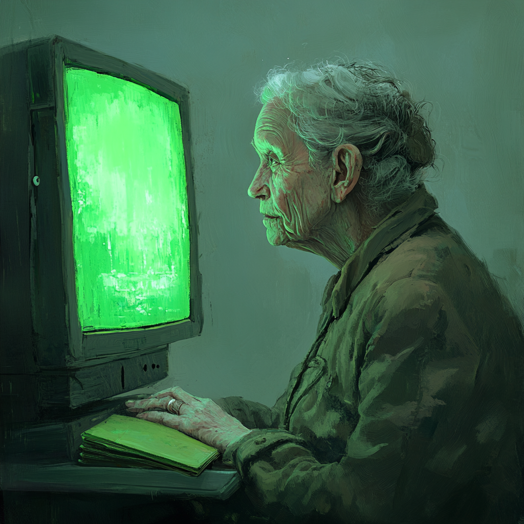 Elderly woman with green monitor reflection\n